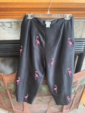 SLB Lined SILK CAPRI PANTS EMBROIDERED Cropped Pink Flamingos SZ 8